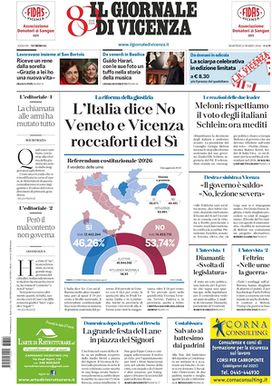 Prima pagina Il Giornale di Vicenza di oggi - Quotidiano regionale