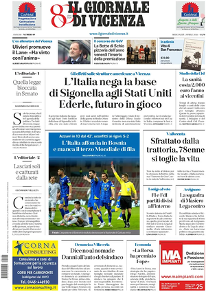 Prima pagina Il Giornale di Vicenza di oggi - Quotidiano regionale
