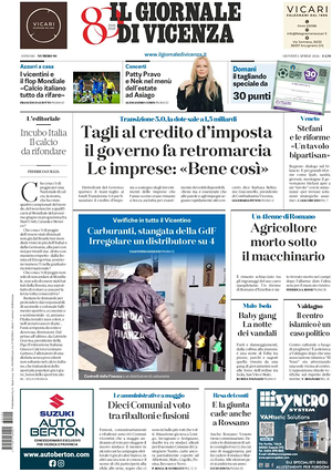 Prima pagina Il Giornale di Vicenza di oggi - Quotidiano regionale