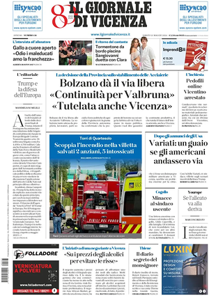 Prima pagina Il Giornale di Vicenza di oggi - Quotidiano regionale
