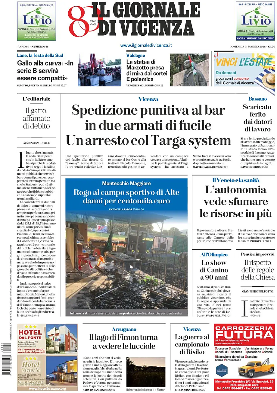 Prima pagina Il Giornale di Vicenza di oggi - Edicola 31 Maggio 2026
