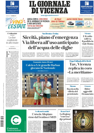 Prima pagina Il Giornale di Vicenza di oggi - Quotidiano regionale