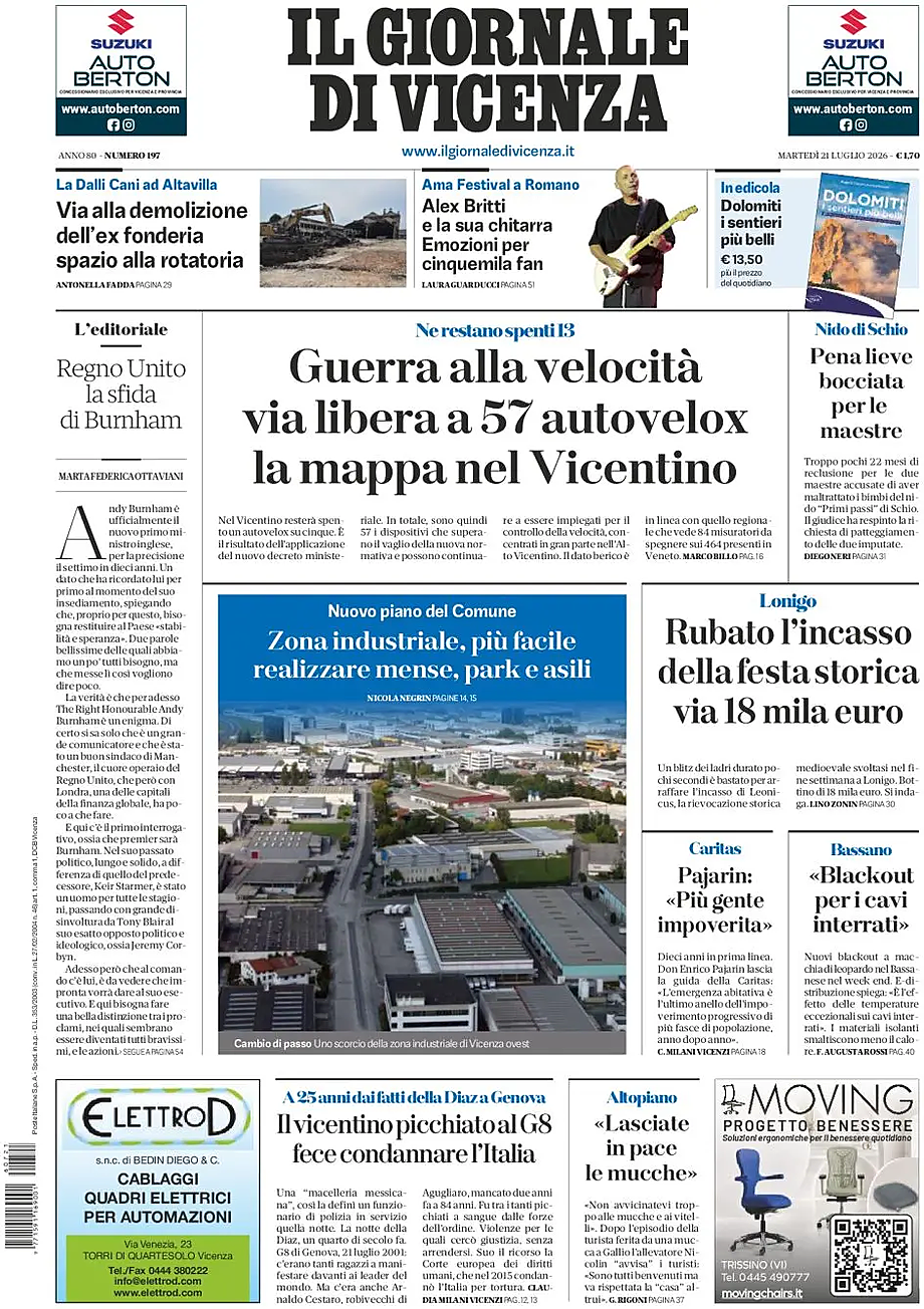 Prima pagina Il Giornale di Vicenza di oggi - Edicola 21 Luglio 2026