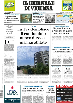 Prima pagina Il Giornale di Vicenza di oggi - Quotidiano regionale