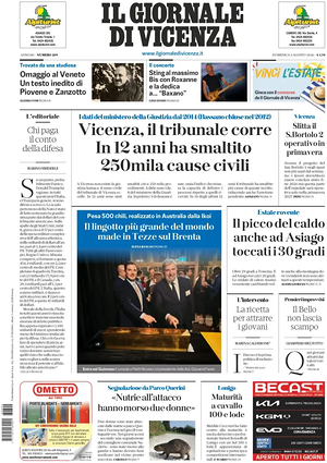 Prima pagina Il Giornale di Vicenza di oggi - Quotidiano regionale