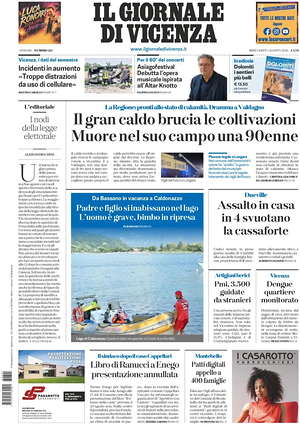 Prima pagina Il Giornale di Vicenza di oggi - Quotidiano regionale