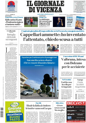 Prima pagina Il Giornale di Vicenza di oggi - Quotidiano regionale