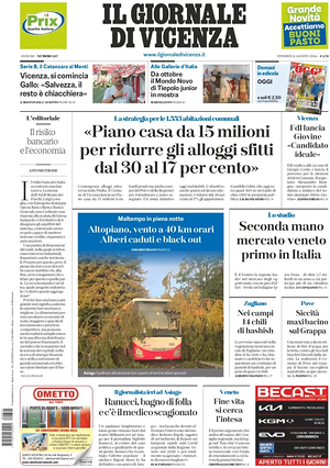 Prima pagina Il Giornale di Vicenza di oggi - Quotidiano regionale