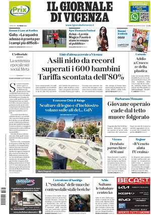 Prima pagina Il Giornale di Vicenza di oggi - Quotidiano regionale