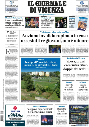 Prima pagina Il Giornale di Vicenza di oggi - Quotidiano regionale