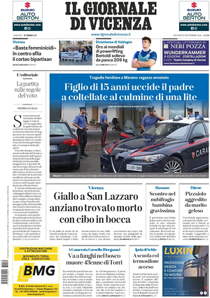 Prima pagina Il Giornale di Vicenza di oggi - Quotidiano regionale