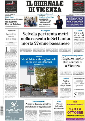 Prima pagina Il Giornale di Vicenza di oggi - Quotidiano regionale