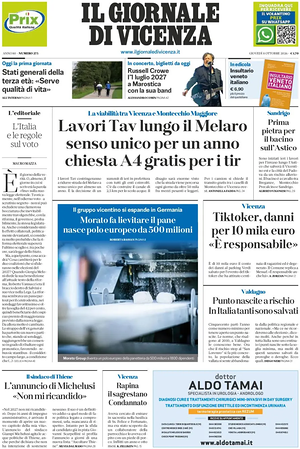 Prima pagina Il Giornale di Vicenza di oggi - Quotidiano regionale
