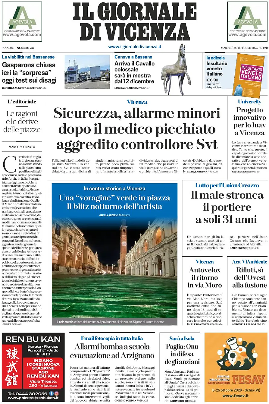 Prima pagina Il Giornale di Vicenza di oggi - Edicola 20 Ottobre 2026