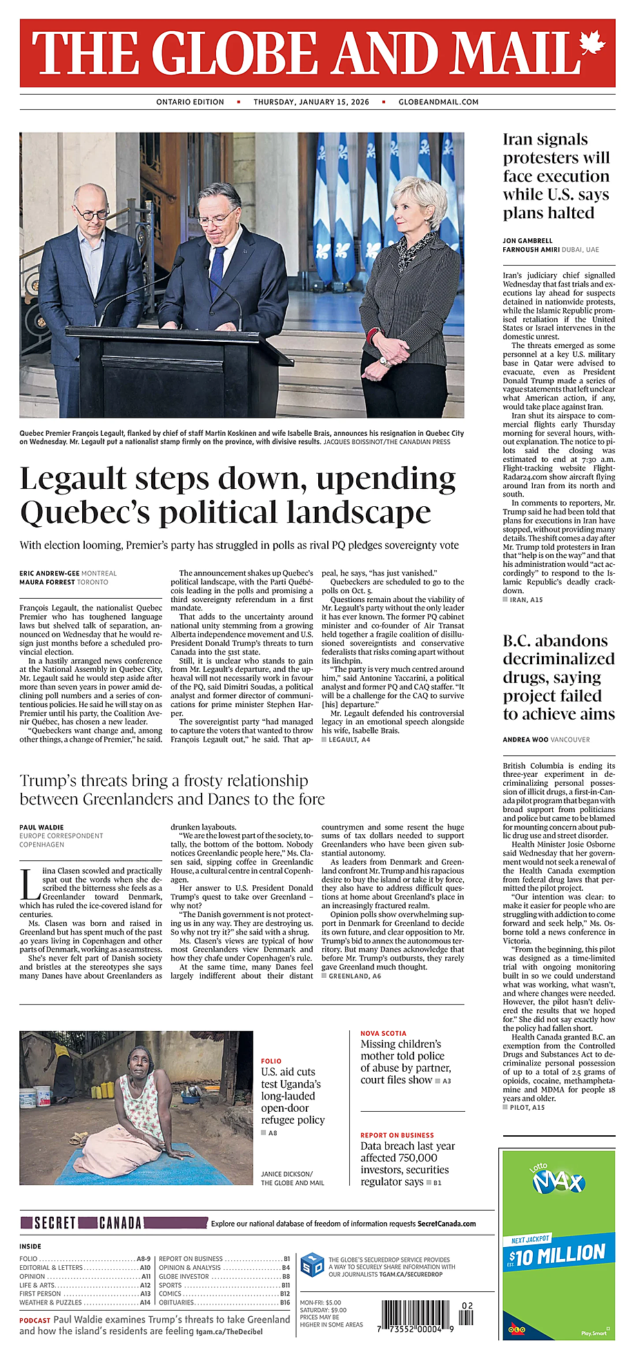 Prima pagina The Globe and Mail di oggi - Edicola 15 Gennaio 2026