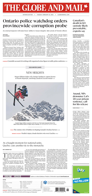 Prima pagina The Globe and Mail di oggi - Quotidiano estero