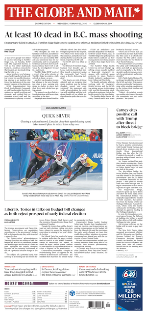 Prima pagina The Globe and Mail di oggi - Quotidiano estero