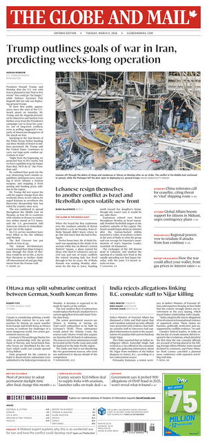 Prima pagina The Globe and Mail di oggi - Quotidiano estero
