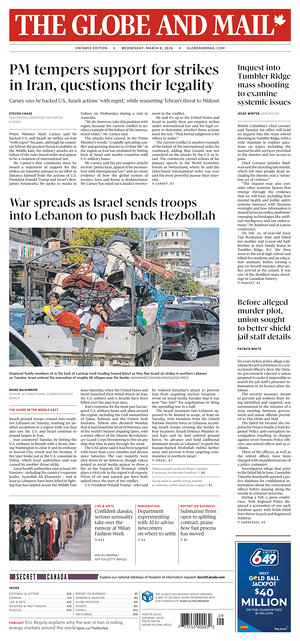 Prima pagina The Globe and Mail di oggi - Quotidiano estero