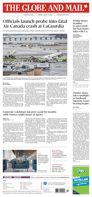 Prima pagina The Globe and Mail di oggi - Quotidiano estero