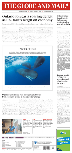 Prima pagina The Globe and Mail di oggi - Quotidiano estero