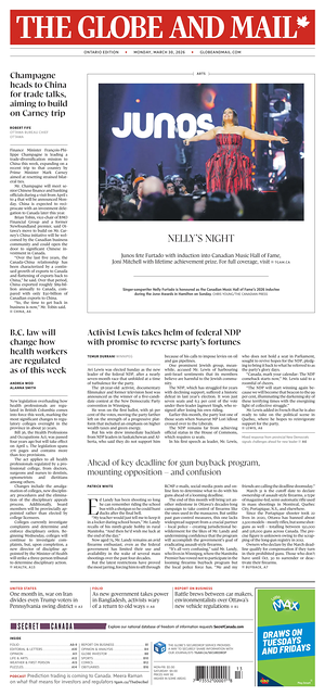Prima pagina The Globe and Mail di oggi - Quotidiano estero