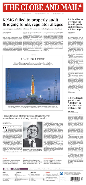 Prima pagina The Globe and Mail di oggi - Quotidiano estero