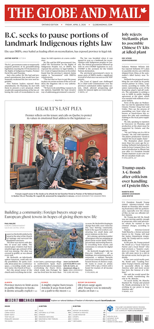 Prima pagina The Globe and Mail di oggi - Quotidiano estero