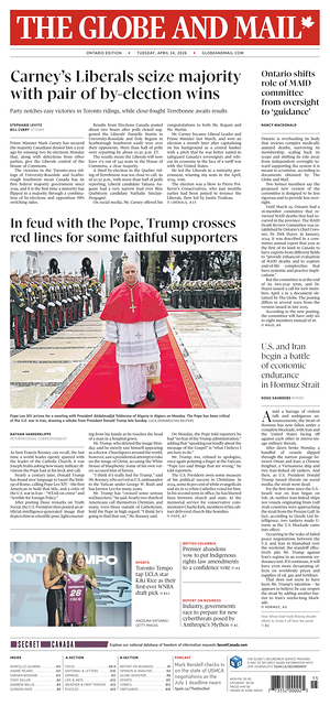 Prima pagina The Globe and Mail di oggi - Quotidiano estero