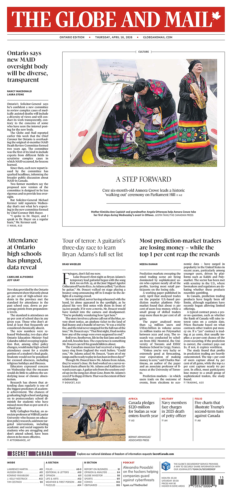 Prima pagina The Globe and Mail di oggi - Edicola 16 Aprile 2026