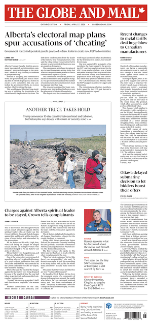 Prima pagina The Globe and Mail di oggi - Quotidiano estero
