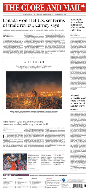 Prima pagina The Globe and Mail di oggi - Quotidiano estero