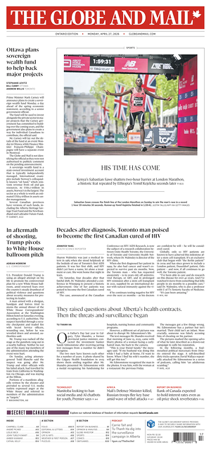 Prima pagina The Globe and Mail di oggi - Quotidiano estero