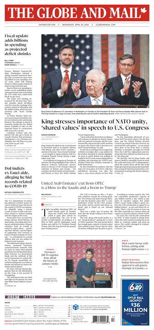 Prima pagina The Globe and Mail di oggi - Quotidiano estero