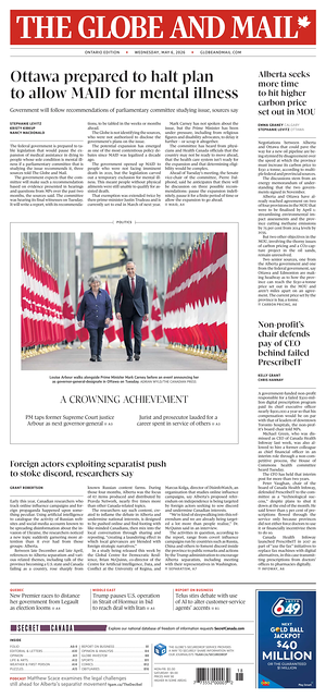 Prima pagina The Globe and Mail di oggi - Quotidiano estero