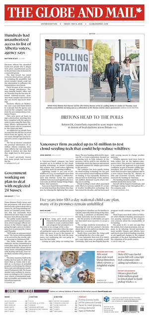 Prima pagina The Globe and Mail di oggi - Quotidiano estero