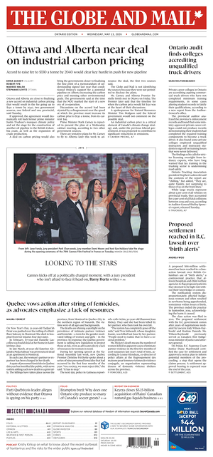Prima pagina The Globe and Mail di oggi - Quotidiano estero