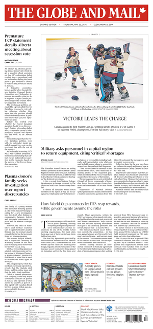 Prima pagina The Globe and Mail di oggi - Quotidiano estero
