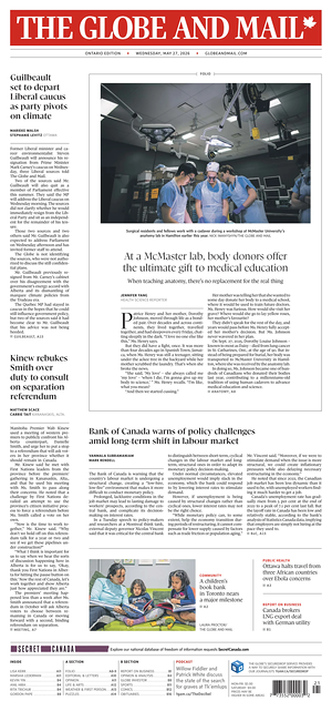 Prima pagina The Globe and Mail di oggi - Quotidiano estero