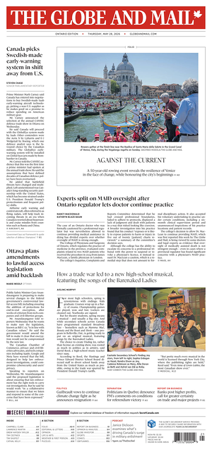 Prima pagina The Globe and Mail di oggi - Quotidiano estero