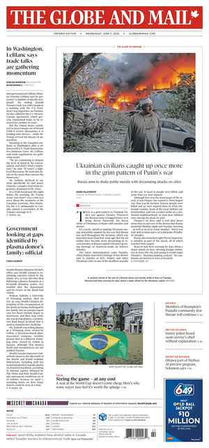 Prima pagina The Globe and Mail di oggi - Quotidiano estero