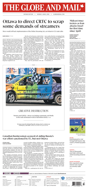 Prima pagina The Globe and Mail di oggi - Quotidiano estero