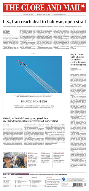 Prima pagina The Globe and Mail di oggi - Quotidiano estero