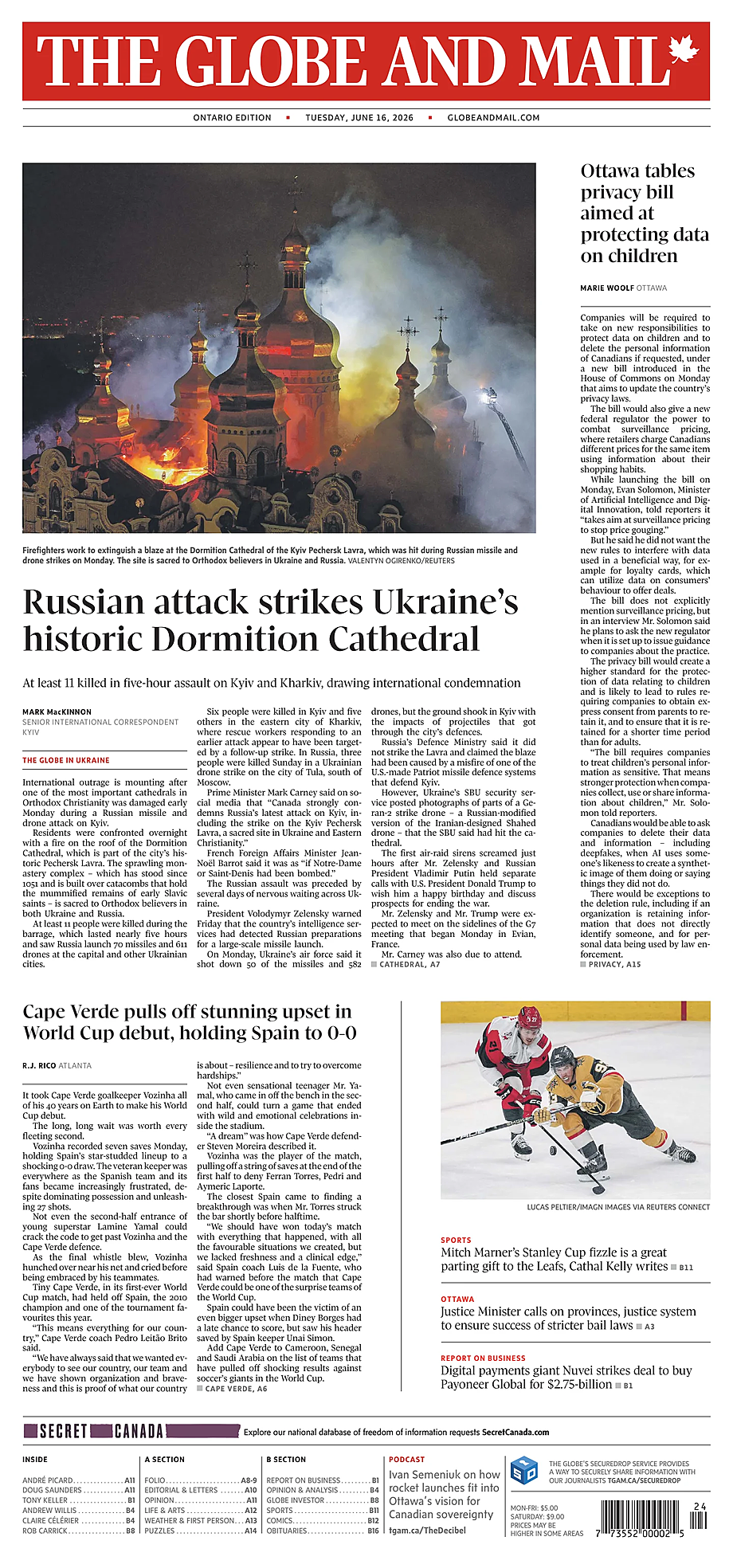 Portada The Globe and Mail de hoy - Quiosco 16 junio 2026