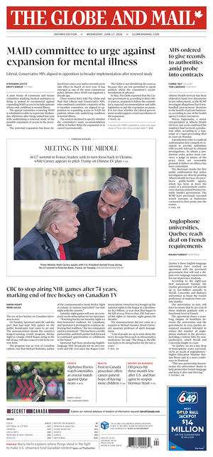 Prima pagina The Globe and Mail di oggi - Quotidiano estero