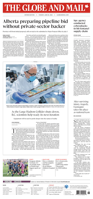 Prima pagina The Globe and Mail di oggi - Quotidiano estero