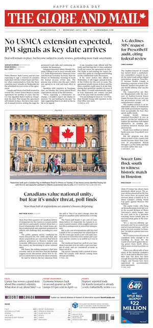 Prima pagina The Globe and Mail di oggi - Quotidiano estero