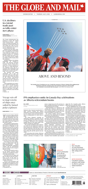 Prima pagina The Globe and Mail di oggi - Quotidiano estero