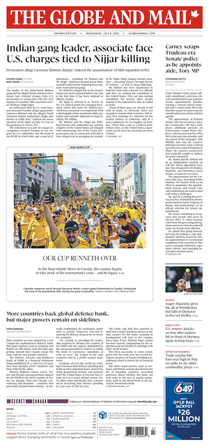 Prima pagina The Globe and Mail di oggi - Quotidiano estero