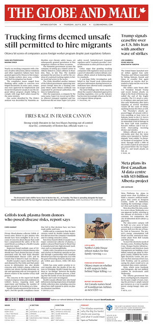 Prima pagina The Globe and Mail di oggi - Quotidiano estero